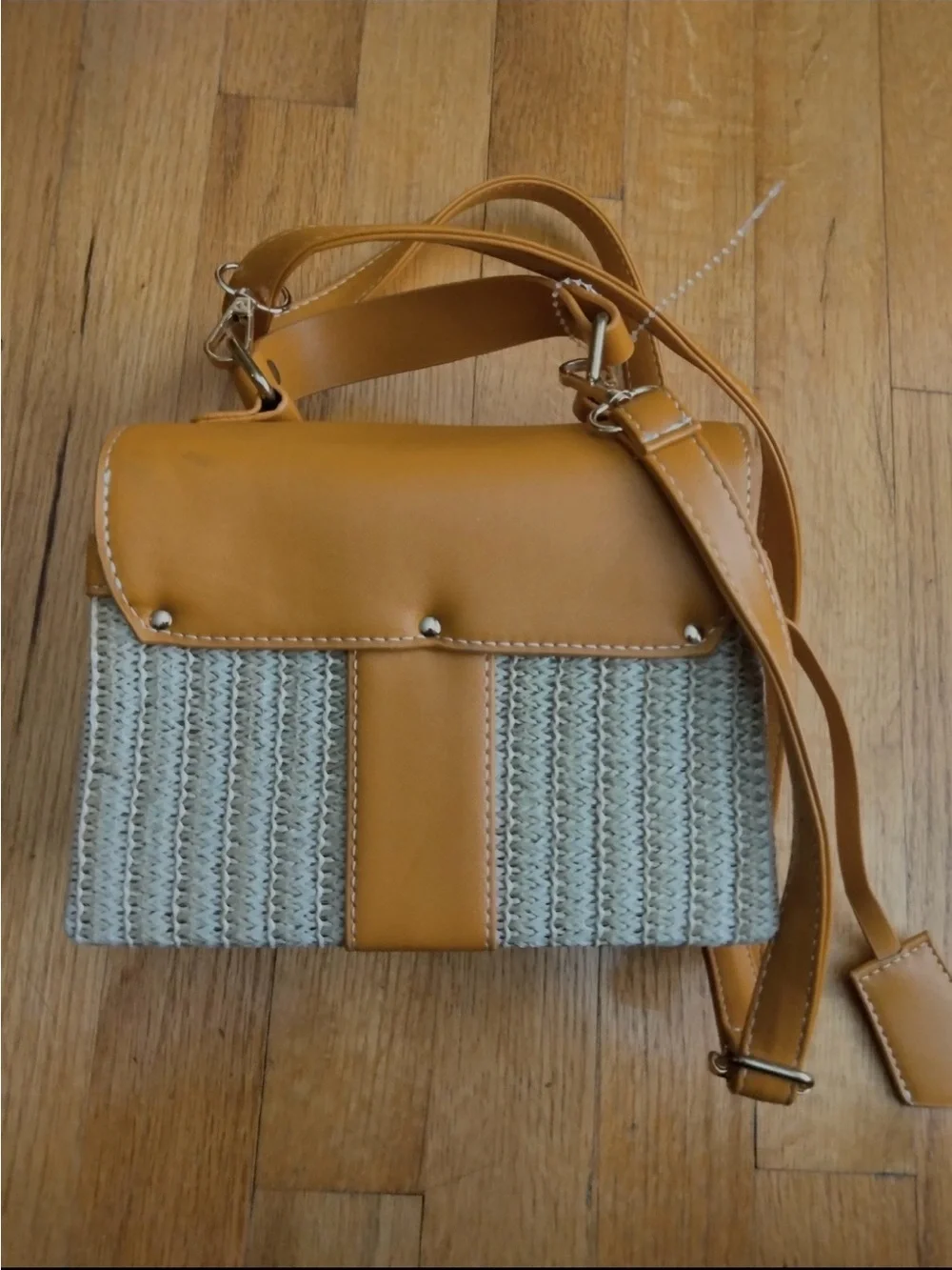 Tan Woven Top-Handle Crossbody Bag with Leather Trim